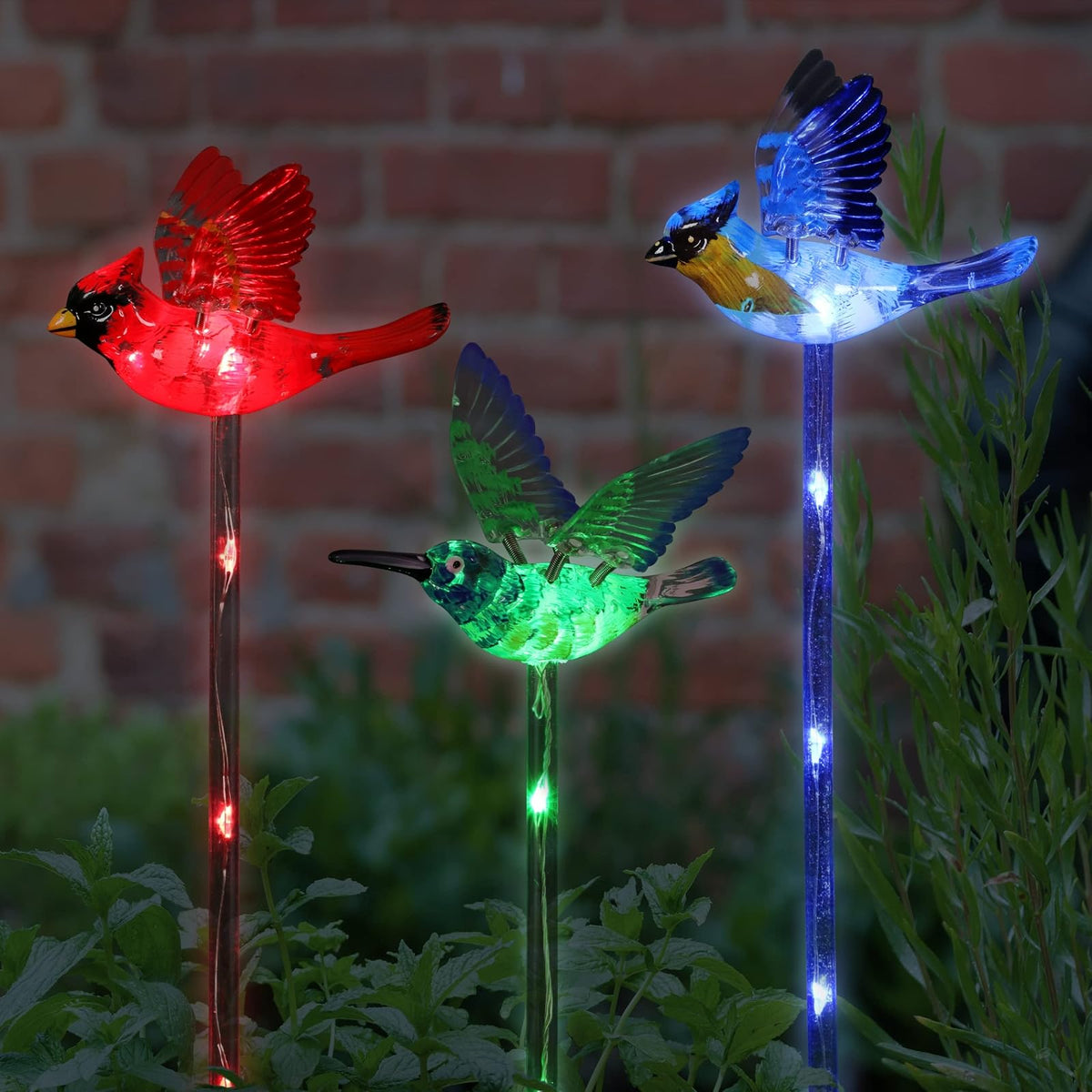 Exhart Lighted Outdoor Display, Set of 3,Large, Cardinal, Hummingbird and Blue B