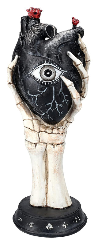Pacific Trading Giftware Black Rose Bud Heart with Eye Design Held by Skeleton Hand Palmistry Figurine 13” Tall