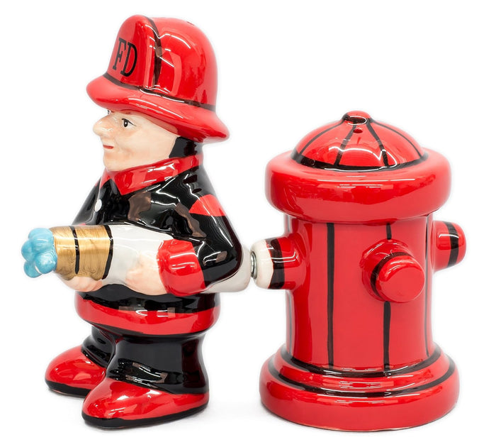 Pacific Trading Fireman with Hose and Hydrant 4 Inch Ceramic Magnetic Salt and Pepper Shaker Set Novelty Gift