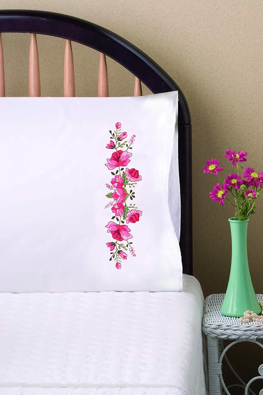 Design Works Crafts Tobin Stamped Pillowcases, Pink Floral, 20" x 30" Embroidery Kit