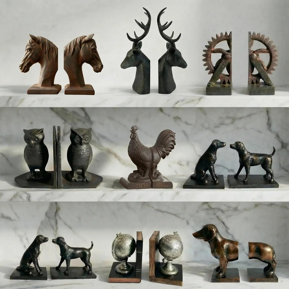 Comfy Hour Farmhouse Home Decor Collection 5" Length 7" Height Set 2 Tellurion Bookends Art Bookend, 1 Pair, Antique Style, Solid Heavy Weight, Silvery, Polyresin