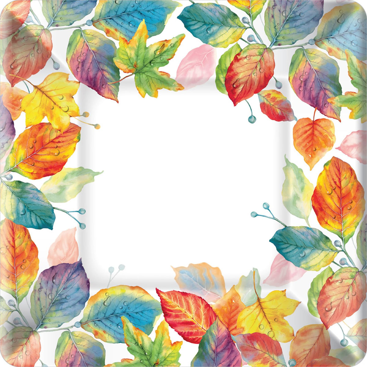 Boston International Paper Plates Square |Buffet + Dinner Size, 10 x 10-Inches, Colorful Leaves, 8-Count