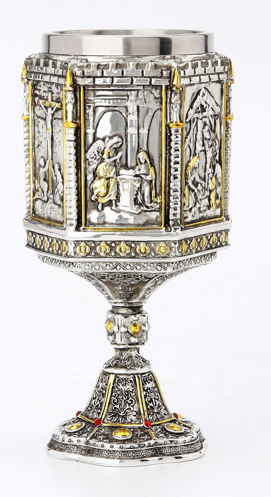 Veronese Design 7 1/8" Life Of Jesus Wine Chalice With Stainless Steel Tumbler Electroplated Polyresin Sculpture Cup