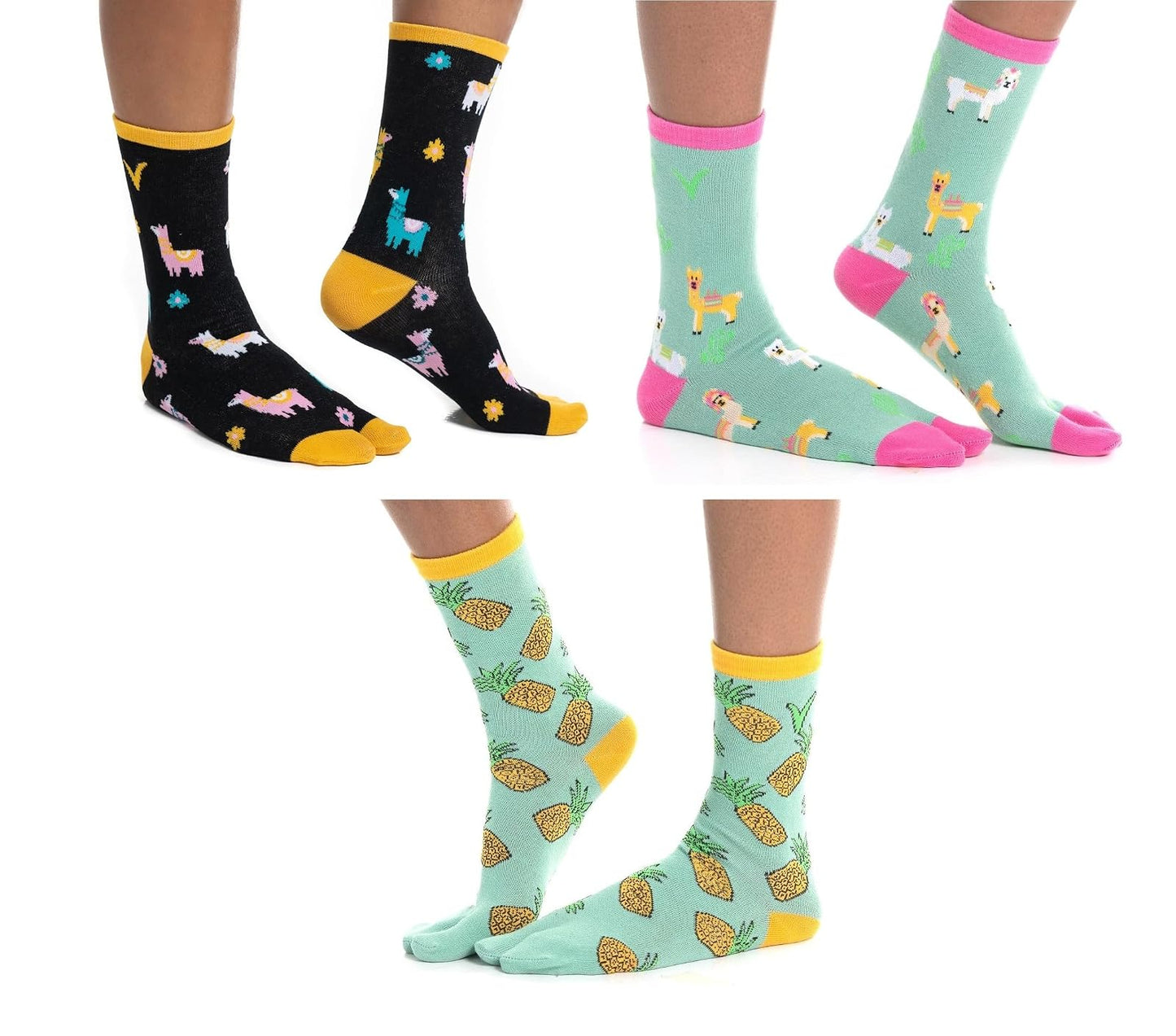 V-Toe Socks 3 Pairs V-Toe Flip-Flop Socks - Pink Heart, Llama, Pineapple Novelty Big Toe Tabi Fun Crew Socks