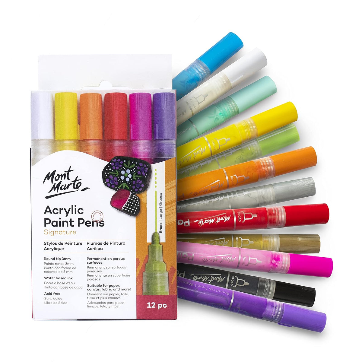 Mont Marte Signature Acrylic Paint Pens, 12 Piece, Waterproof, Suitable for Most Surfaces Including Canvas, Card and Rock, Round Tip (3mm)
