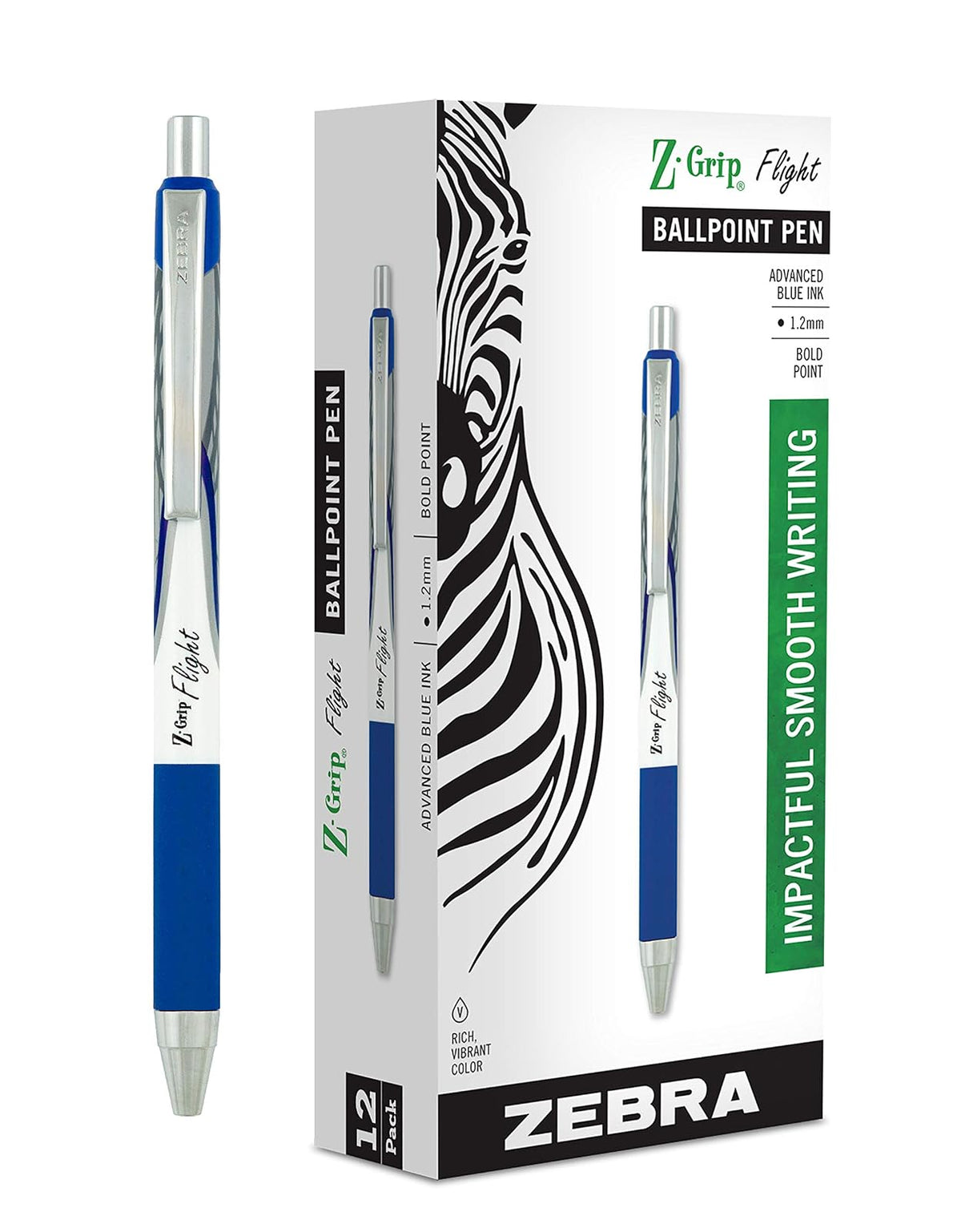 Zebra Pen Z-Grip Flight Retractable Ballpoint Pen, Bold Point, 1.2mm, Blue Ink, 12-Count