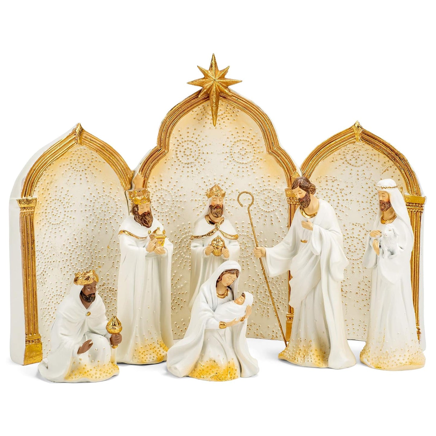 Roman 133014 Nativity Gold Dot Ivory with Triptych Backdrop Set of 9, 11.25 inch
