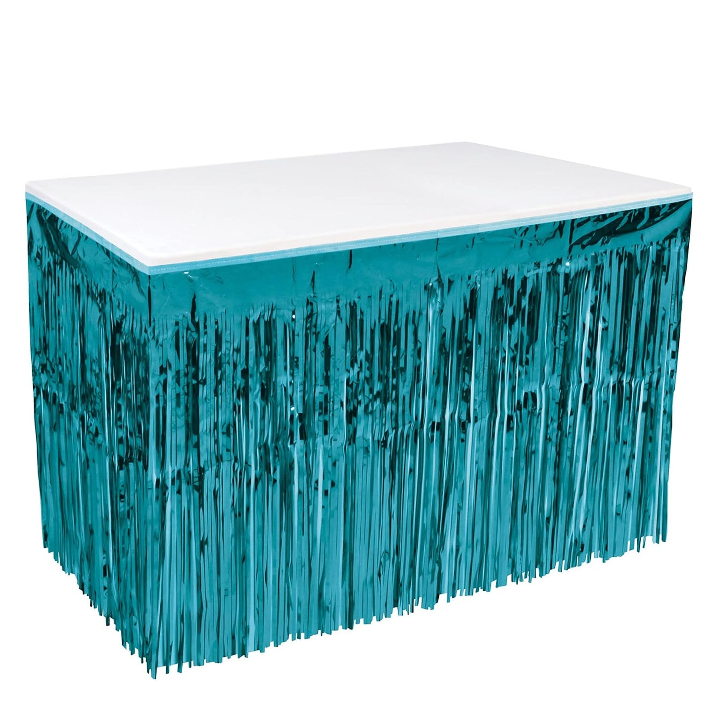 Beistle 1-Ply Metallic Plastic Fringe Skirt for Rectangle Tables Banquets and Mardi Gras Parade Float Supplies-Birthday Party Baby Shower Decorations Easter Holiday Theme, 30" x 14', Turquoise