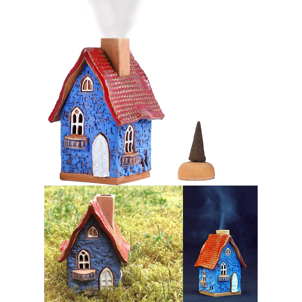 Midene Incense Holder, 3.46" Tall, Blue, Red, White