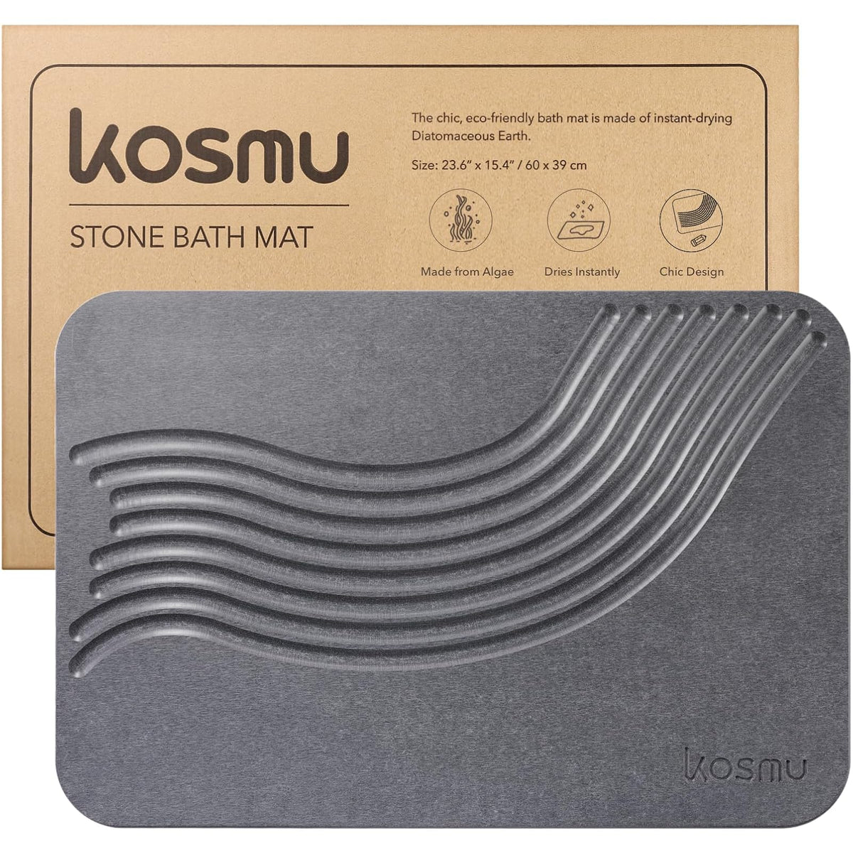 KOSMU Bathtub Shower Mat, 23.6" x 15.4" (Rectangular), Zen / Graphite