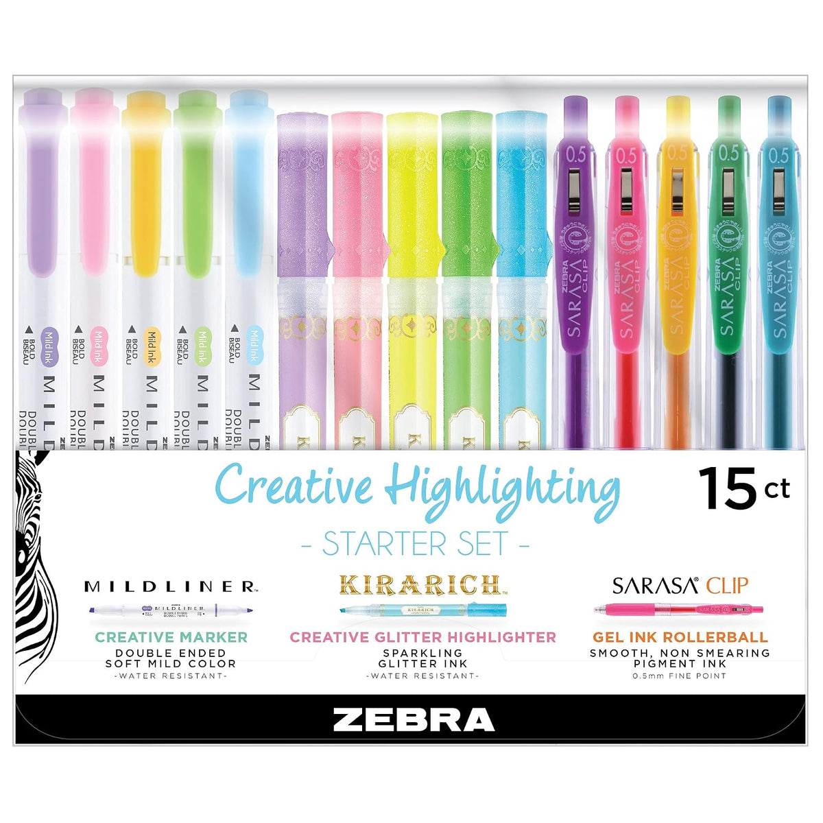 Zebra Pen Marking Pen, 1 Count (Pack of 15), Blue, Gold, Pink