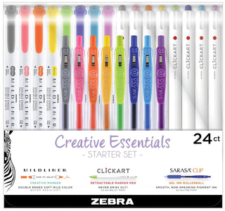 Zebra Pen Creative Essentials Starter Set, Includes 8 Highlighters, 8 Markers and 8 Sarasa Clip Retractable Gel Pens, Assorted Ink Colors, 24-Pack