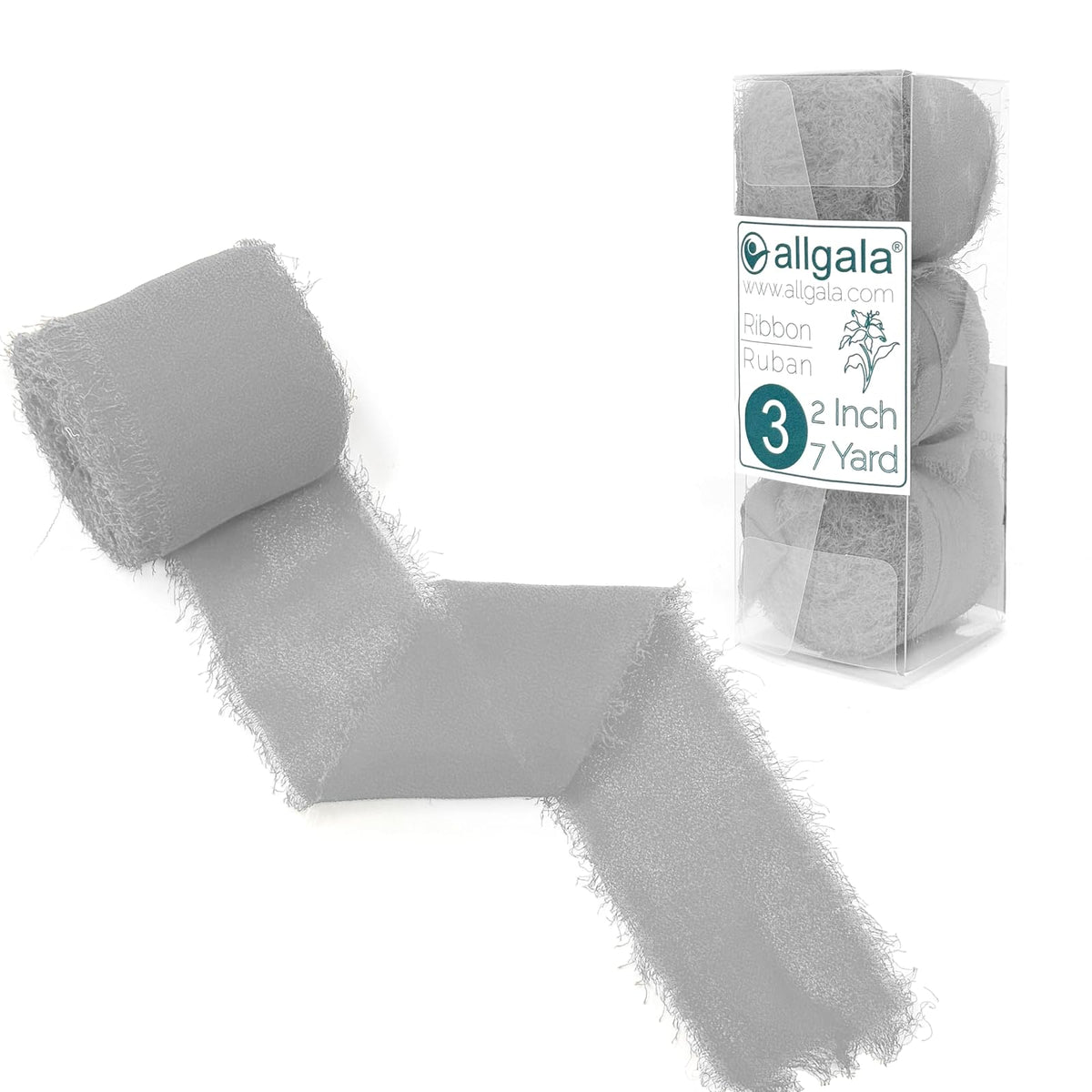 allgala Decorative Ribbon Trim, 3 Roll 2"x7yd, Grey