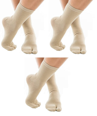 V-Toe Split Toe Flip-Flop Socks - Tabi Premium Cotton Blend Men & Women Sock - Men's Japanese Toe Separated Khaki Crew - 3 Pairs Pack