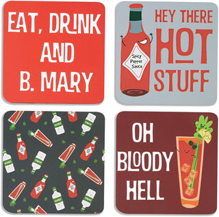 Pavilion Gift Company Bloody Mary Sentiment, Pattern and Character Holder 4" (4 Piece) Coaster Set with Box, 4 Inch Square, Multicolor