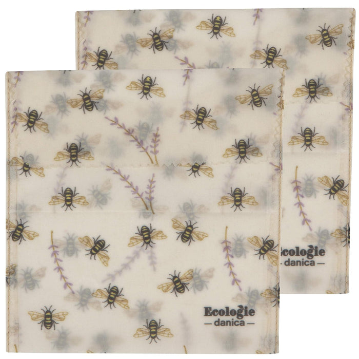 Now Designs Ecologie by Danica Reusable Beeswax Sandwich Bag Bees, Reusable Food Storage Wrap, W6.5 x L6.5", Set of 2