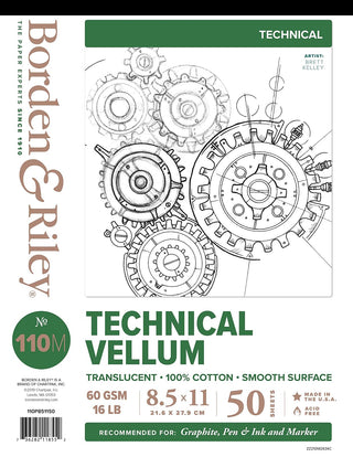 Chartpak Borden & Riley #110M Technical Vellum Pad, 8.5" x 11", 100% Cotton, 60 GSM/16 LB, 50 Sheets, 1 Pad Each (110P851150)