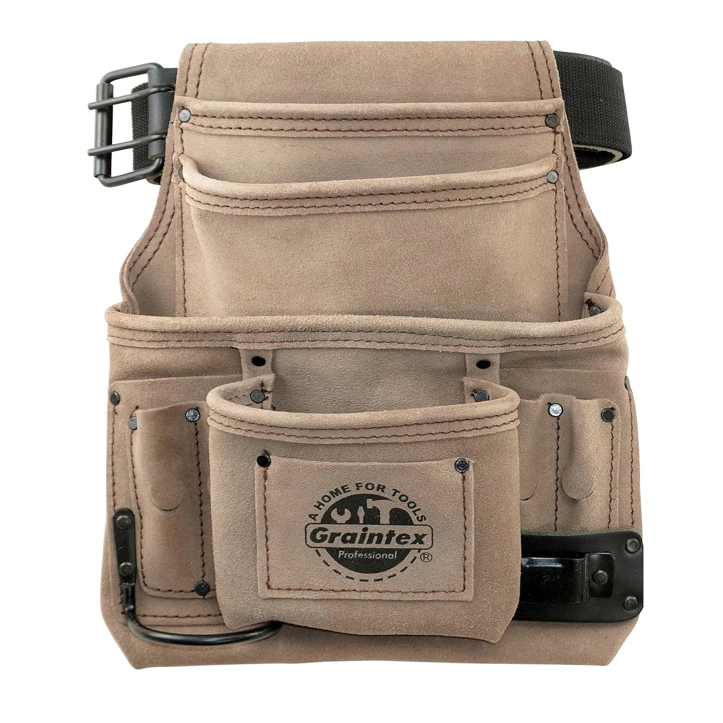 Graintex SS2280 10 Pocket Nail & Tool Pouch Beige Color Suede Leather with 2” Leather/Webbing Belt for Constructors, Electricians, Plumbers, Handymen, Standard