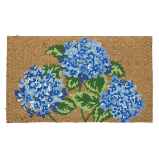 Larry Traverso Low Profile Hydrangea Flatweave Doormat, 18 x 30 Inches, 100% Coir, Naturally Durable, Anti-Slip Backing, Sustainable, Garden Flower Design