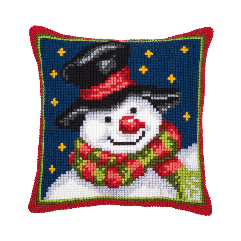 Vervaco Cross Stitch Christmas Embroidery Kits Pillow Front for Self-Embroidery with Embroidery Pattern on 100% Cotton, 15,75 x 15,75 Inches - 40 x 40 cm, Snowman