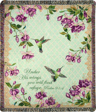 Manual Tapestry Throw, Psalm 91:4, 50 x 60", Ruby's Among The Fuchsia's Scripture