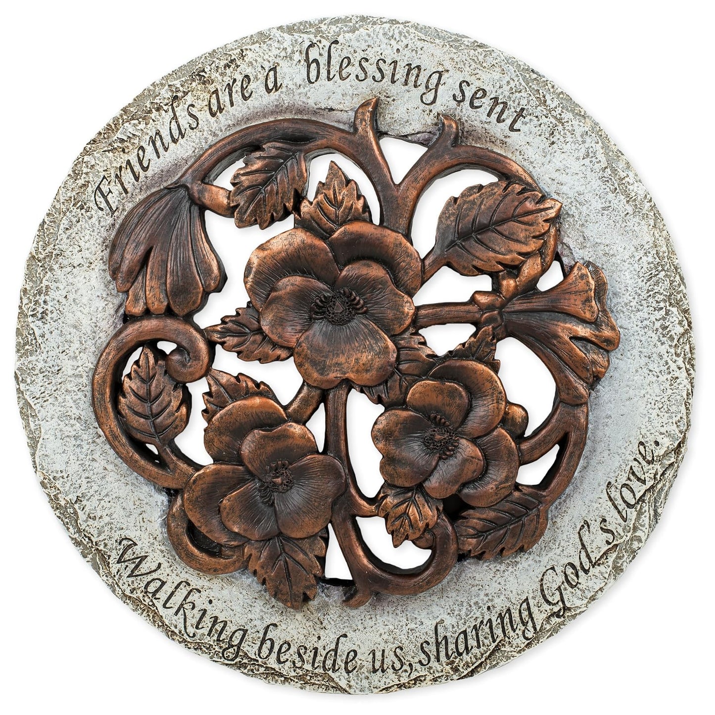 Roman Exclusive Terrace Garden Stone with a Flower and Verse 12.2-Inch 2-Tone Dolomite/Resin