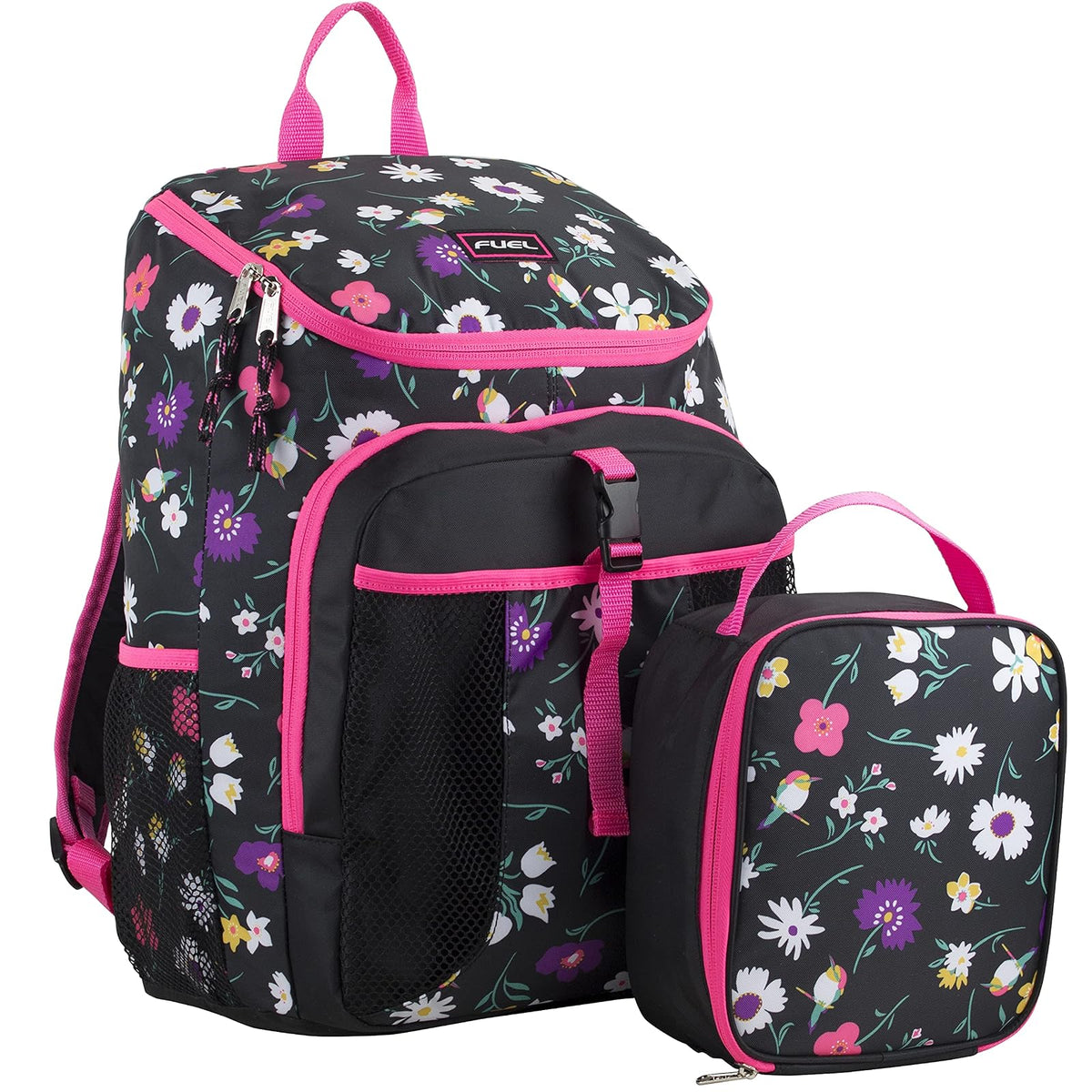 FUEL Backpack, One Size, Ditsy Floral Bird Print/Black/Pink Sizzle