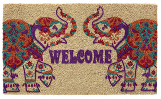 Larry Traverso Boho Market Printed and Flocked 100% Coir Doormat, 18 x 30 inches, Slip-Resistant PVC Backing, Durable, Sustainable, Multi-Colored, Elephant Welcome Design, 5 Styles Available