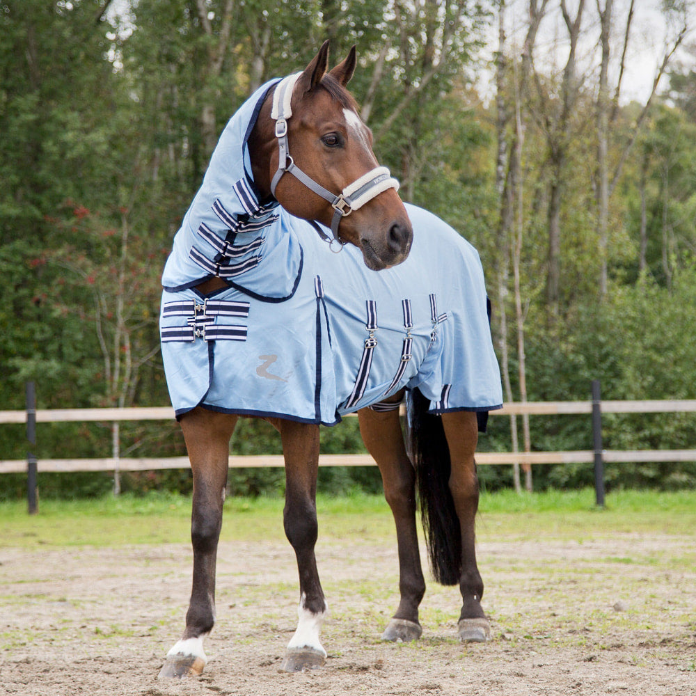 HORZE Freja Durable Mesh Combo Fly Sheet with Belly Guard and Detachable Neck Cover | UPF 50+ UV Protection - Light Blue - 69