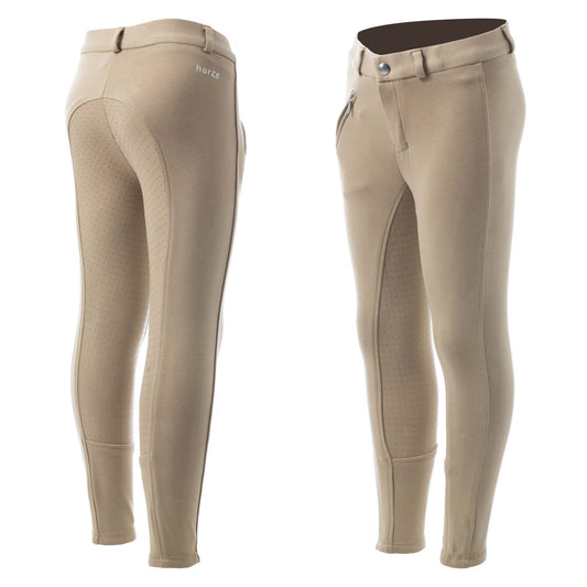 HORZE Active Kids' Unisex Silicone Grip Full Seat Horseback Riding Breeches - Tan - M