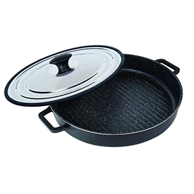 MasterPan Non-Stick Stovetop Oven Grill Pan with Heat-in Steam-Out Lid, nonstick cookware, 12", Black