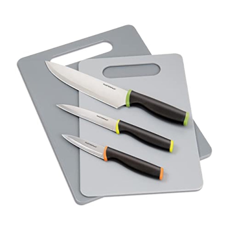 MasterPan 8-pc Cutting board and knife set, with 7.5 inches by 11.5 inches & 9.5 inches by 13.2 inches (20 by 30 centimeters by 24.5 by 34 centimeter) Cutting boards, 8 inches Chef knife, 5 inches Utility knife, 3.5 inches Pairing knife