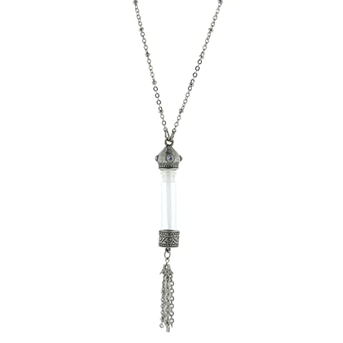 1928 Jewelry Glass Vial With Blue Crystal Stone Tassel Necklace 30 Inches