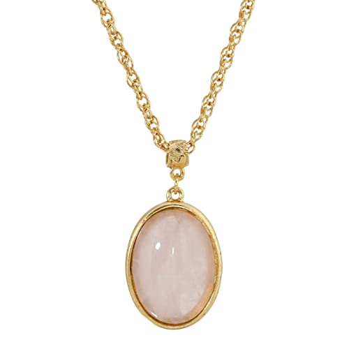 1928 Jewelry 14K Gold Dipped Gemstone Rose Quartz Pink Oval Pendant Necklace, 16