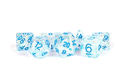 Metallic Dice Games Store 16mm Resin Flash Dice Poly Dice Set: Clear with Light Blue Numbers