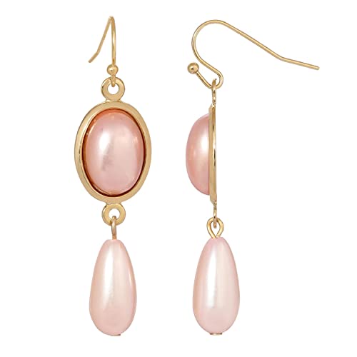 1928 Jewelry Oval Raspberry Stone & Pink Teardrop Fashion Pearl Drop Earrings