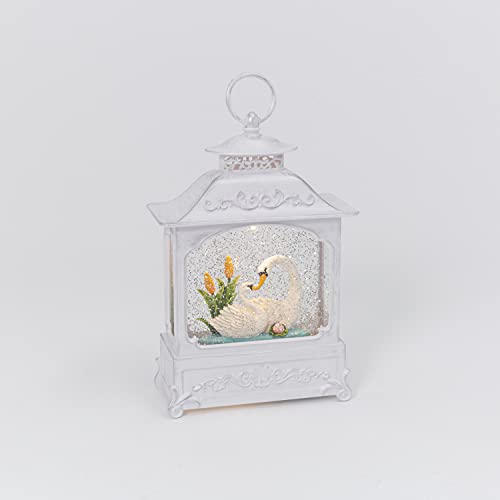 Gerson 12.8" H Battery Operated Lighted Spinning Water Globe Lantern with Swans Figurine