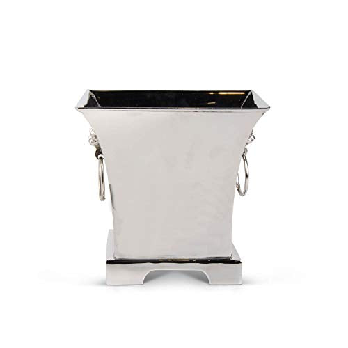 K&K Interiors 15834A 7 Inch Polished Silver Planter with Lion Head Ring Handles