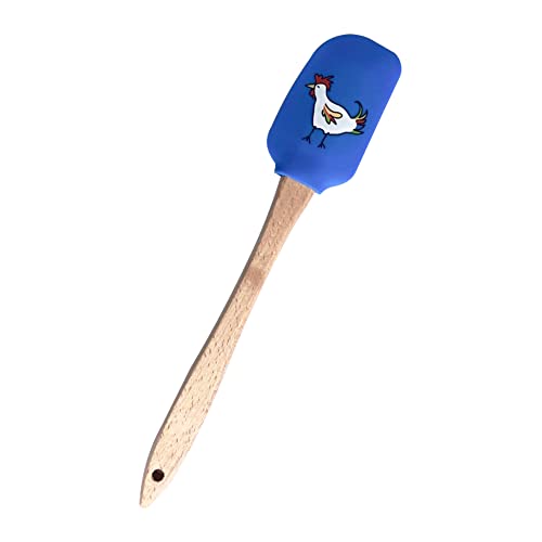 GENICOOK Silicone Spatulas with Wooden Handle and Farmhouse Rooster Design, 12.5", Blue