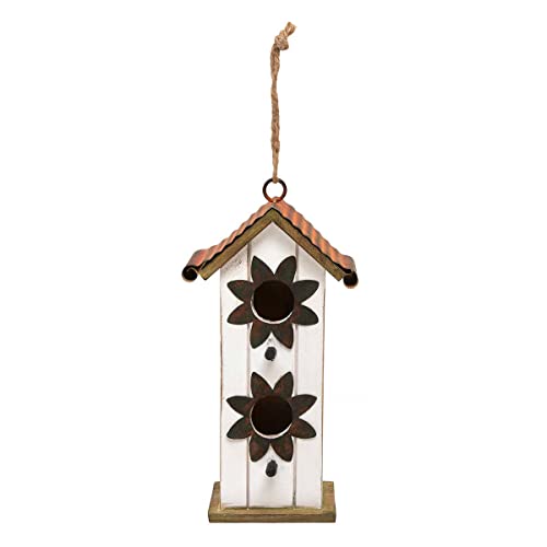 MeraVic Kansas Wood Birdhouse White with Metal Roof, Flowers and Twine Hanger Tall, Metal & Wood, 10 Inches - Spring Decoration