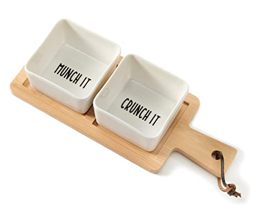 Giftcraft 093856 Condiment Bowl and Tray, Set of 3, 10.6-inch Length, Porcelain and Bamboo