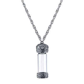 1928 Jewelry Antiqued Pewter Crystal Glass Vial Necklace 30 In