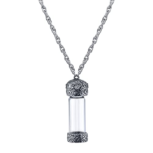 1928 Jewelry Antiqued Pewter Crystal Glass Vial Necklace 30 In