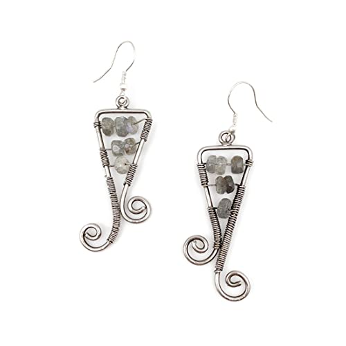 Anju Banjara Wire-Wrapped Earrings with Labradorite Stone for Women, 3-inch Length, Silver-Tone