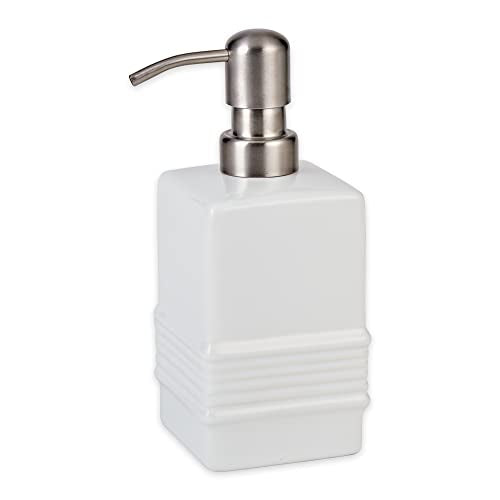 RSVP International Stoneware Soap Dispenser Collection Decorative Countertop for Kitchen or Bath, Stainless Steel Pump Top, 4.75x3.5x1.25, White