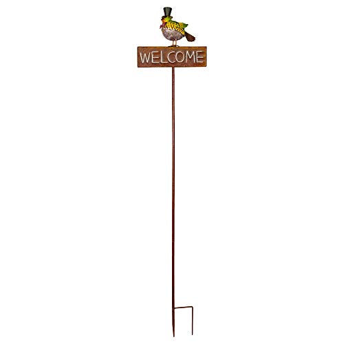 Red Carpet Studios 34542 Rustic Metal Welcome Garden Stake, Bird with Red Bow Tie