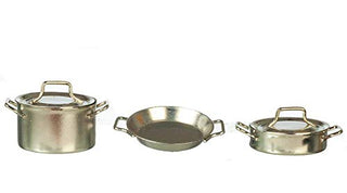 Aztec Imports Dollhouse Silver Saucepan Pans Pots Set Miniature Kitchen Cookware Accessory