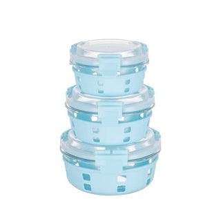 Genicook HI-TOP Lids with Pro Grade Removable Lockdown Levers and Silicone Sleeve Round Container, Set of 3, Blue, Kitchen Accessories