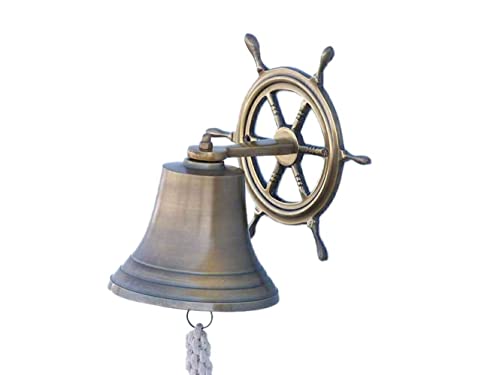 Hampton Iron Handcrafted Model Ships Antique Brass Hanging Ship Wheel Bell 8"- Nautical Bell- Brass Bells