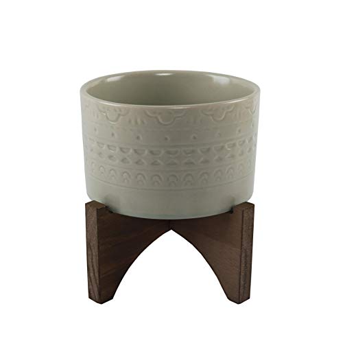 Flora Bunda 5 Inch Mayan Ceramic Planter on Wood Stand Mid Century,Matte Sage 5"